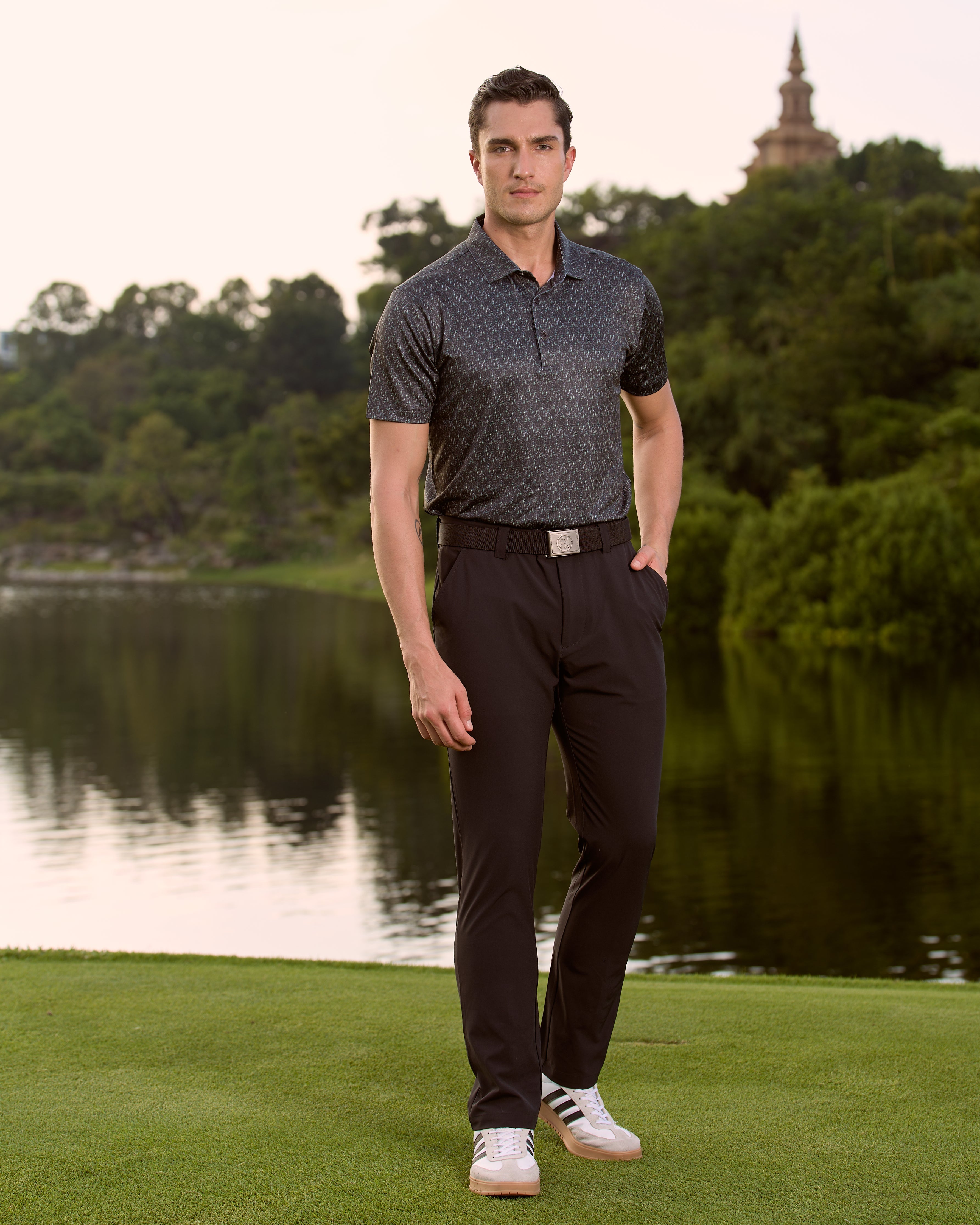 Fenix XCell performance golf polo featuring moisture-wicking fabric and tailored athletic fit. Martini glass print.