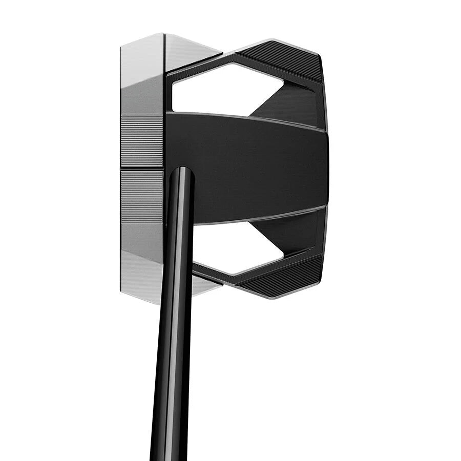 Golf putter head with black and silver design on a white background