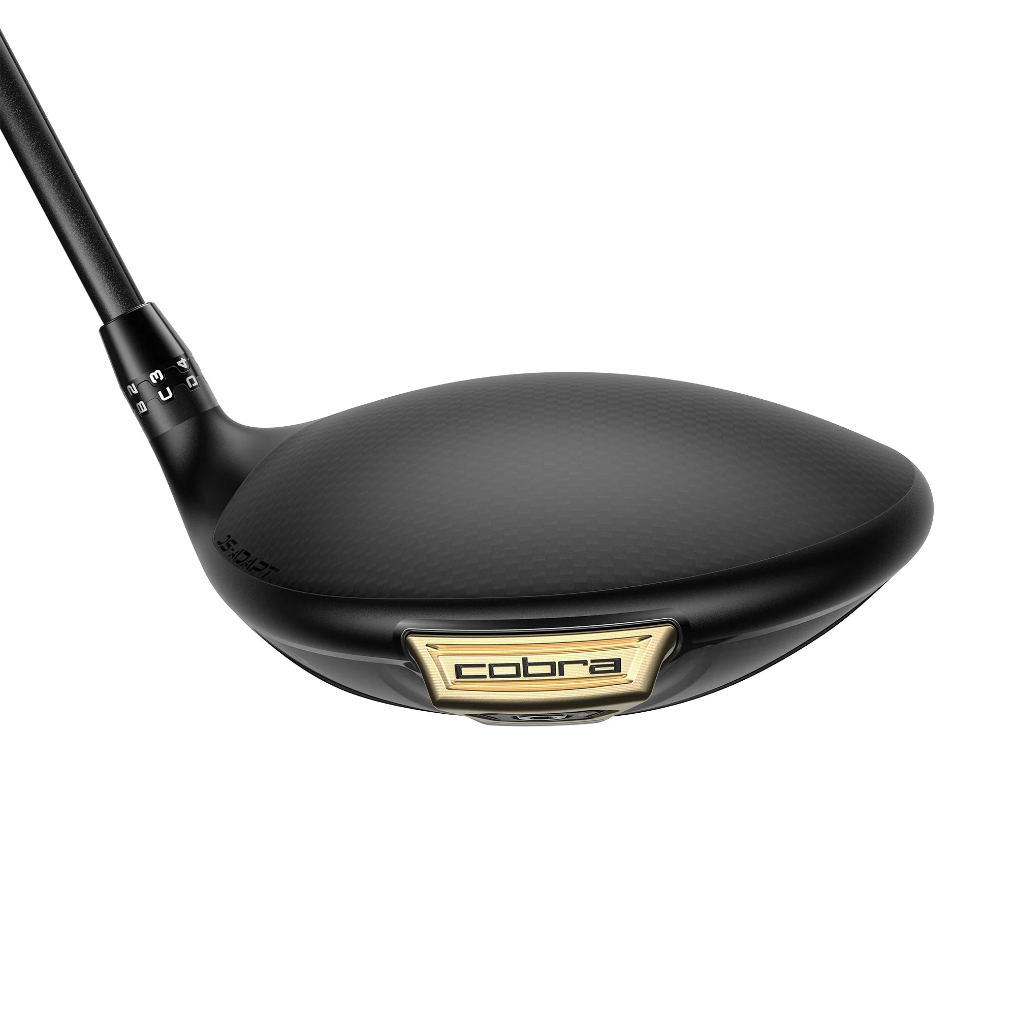 Black golf club head with gold Cobra logo on a white background