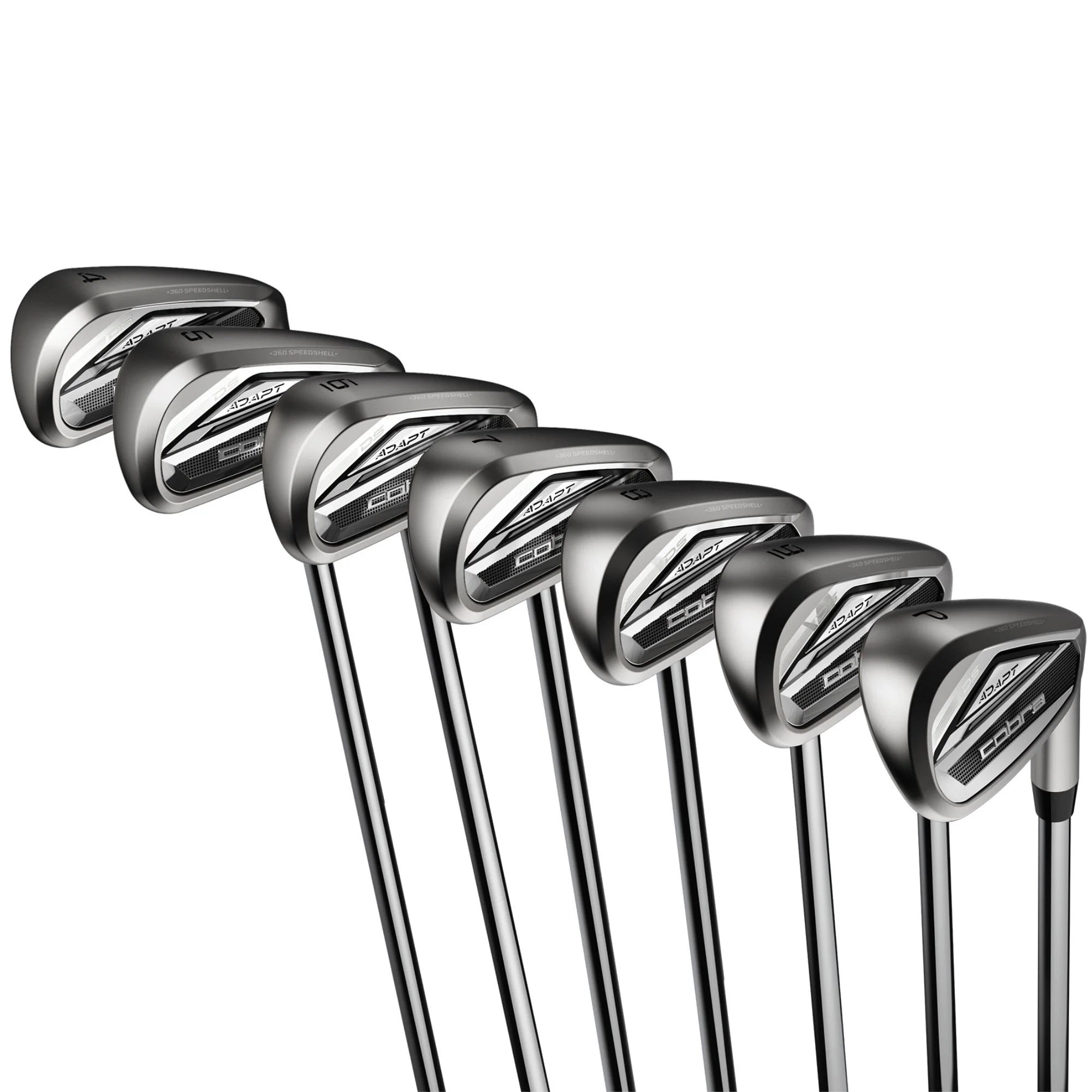 Set of golf clubs on a white background