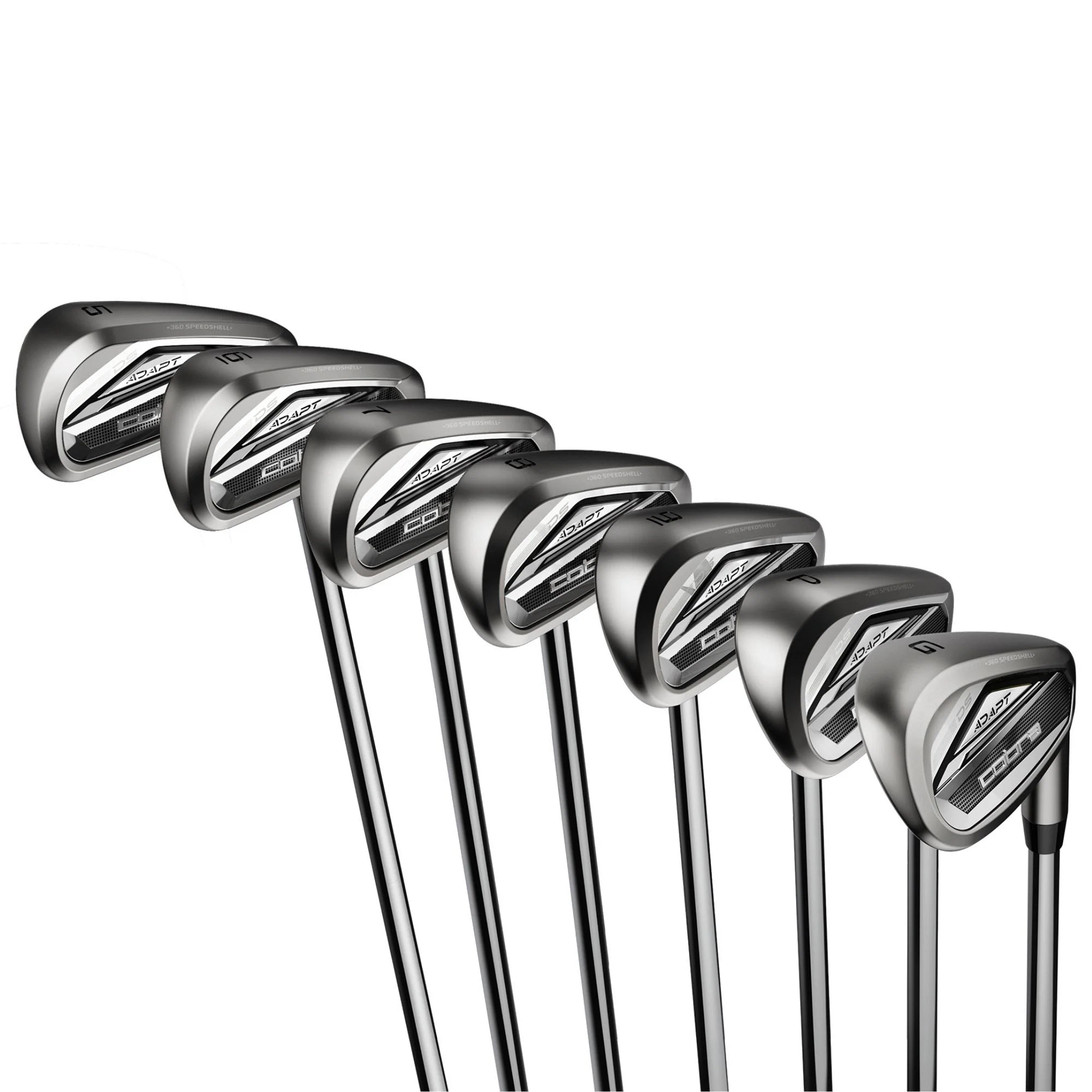 Set of golf clubs on a white background
