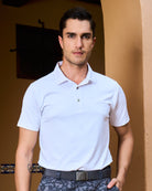 Front view of men’s white golf polo in moisture-wicking fabric – Fenix XCell custom apparel, sweat-resistant performance shirt.