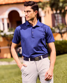 Fenix XCell blue performance golf polo featuring moisture-wicking fabric and tailored athletic fit.