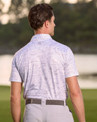 Fenix XCell pearl grey camo print performance golf polo featuring moisture-wicking fabric and tailored athletic fit.