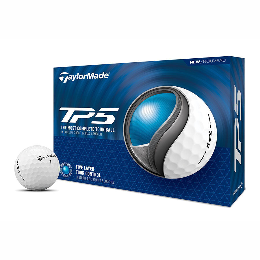 TaylorMade TP5 golf ball packaging with a golf ball on a white background
